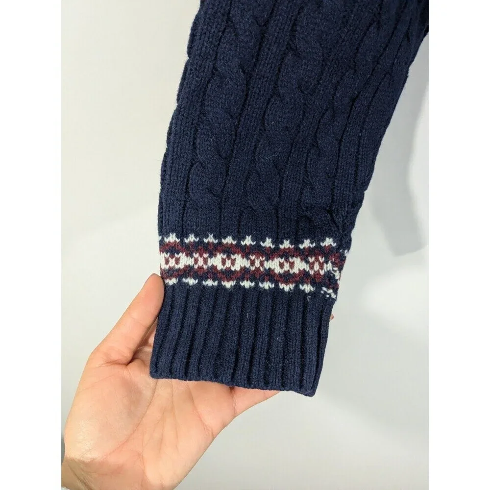 Lands End Men's Lambswool Cable Knit Fair Isle Sweater Navy Shawl Collar Sz XL